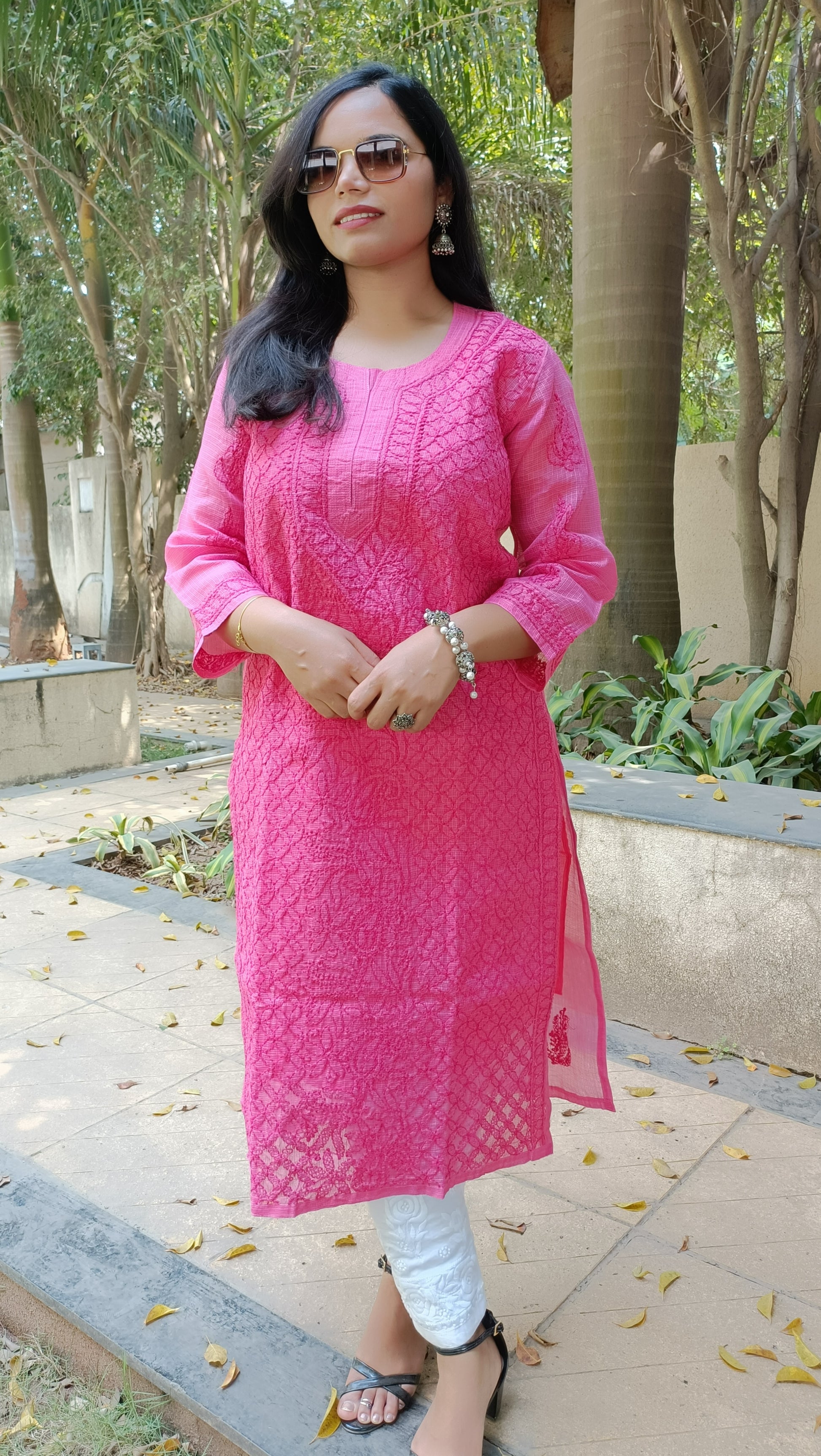 Label Aja Hand Embroidered Kota doria cotton Lucknowi Chikankari Long Kurta - Label Aja Chikankari