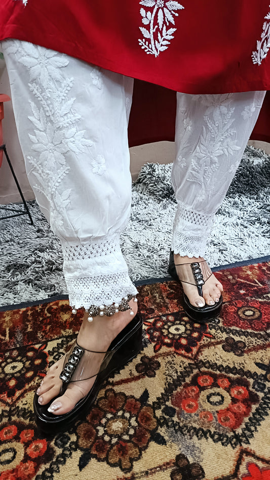 Label Aja Hand Embroidered Cotton Lucknowi chikankari Afghani pant - Label Aja Chikankari
