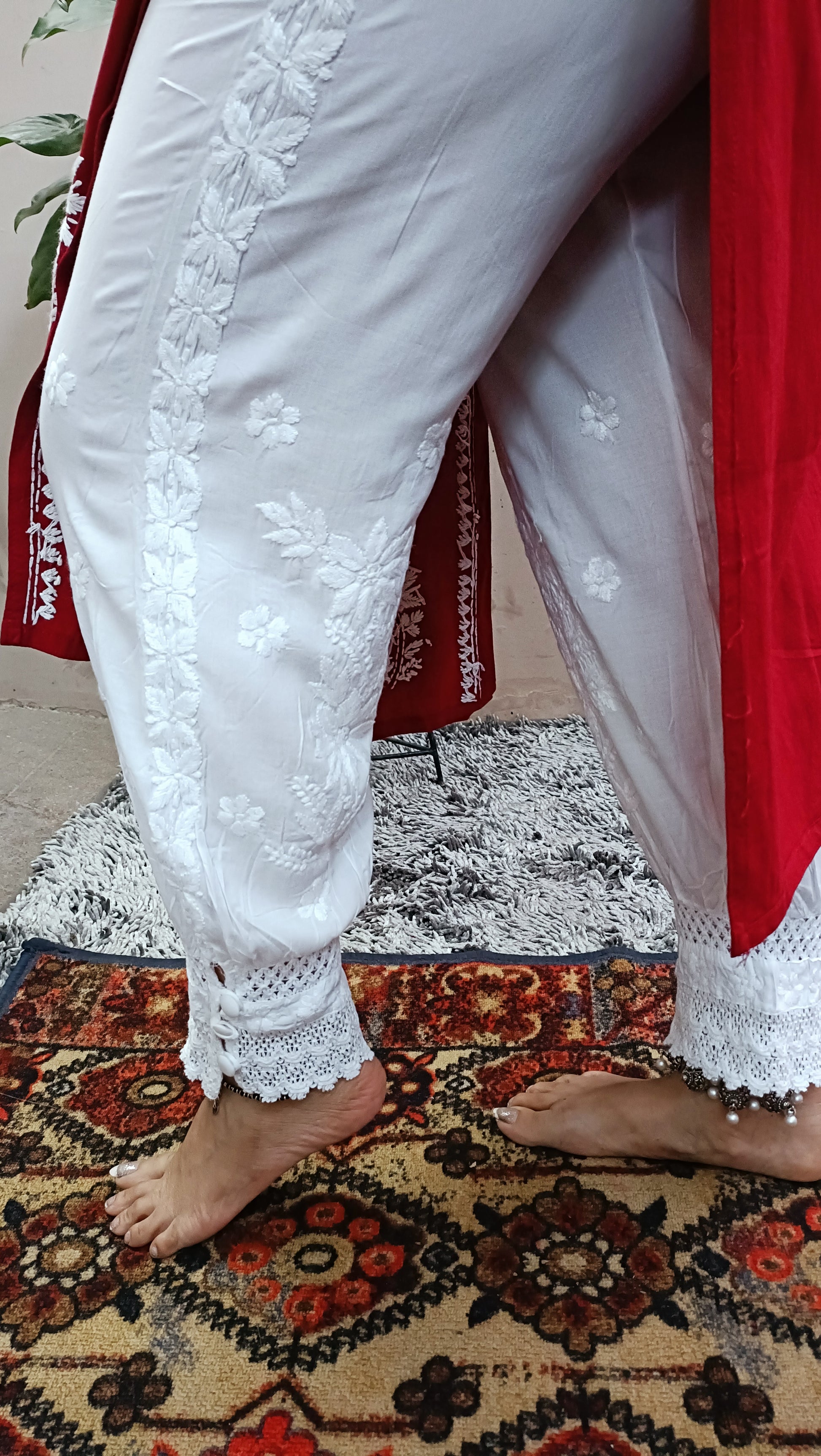 Label Aja Hand Embroidered Cotton Lucknowi chikankari Afghani pant - Label Aja Chikankari