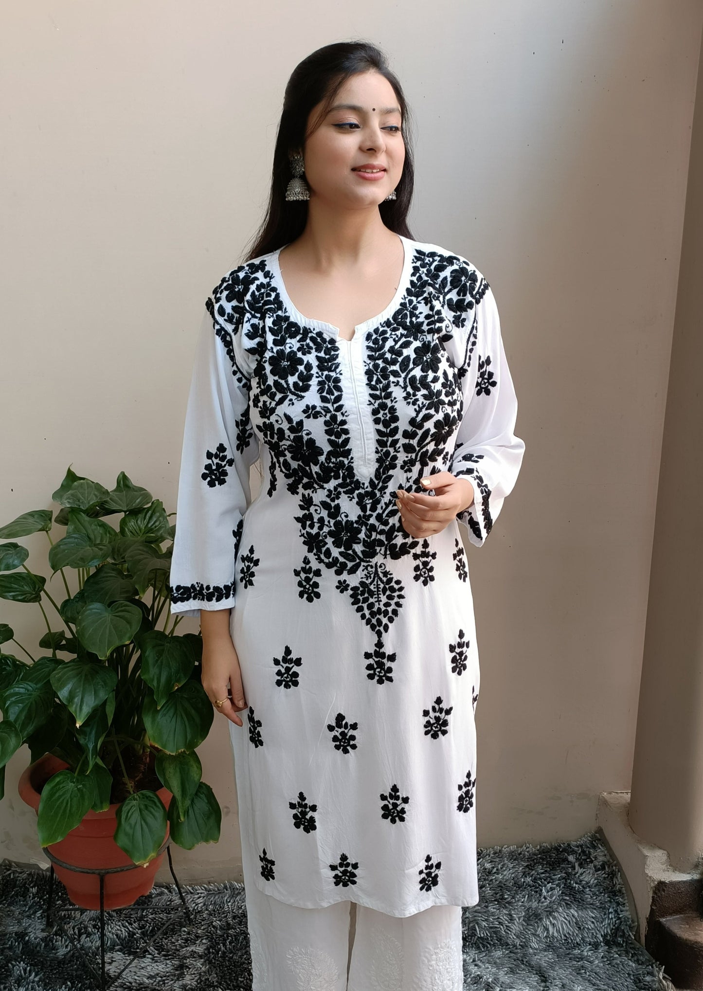 Label Aja Hand Embroidered Rayon cotton Lucknowi Chikankari Long Kurta - Label Aja Chikankari