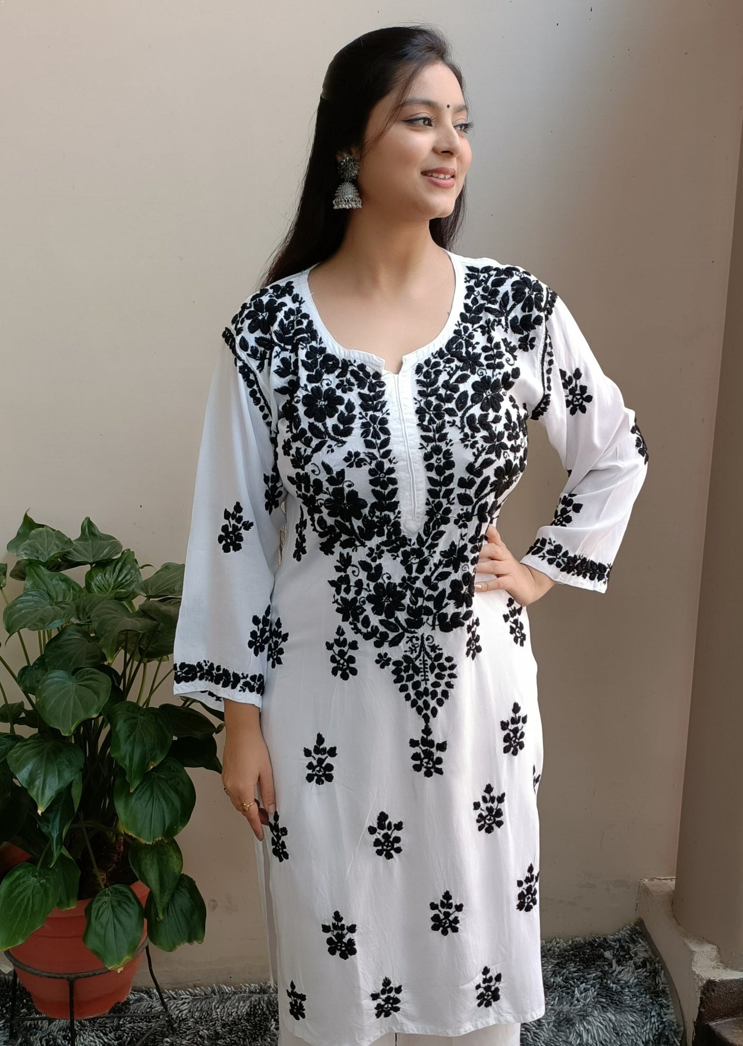 Label Aja Hand Embroidered Rayon cotton Lucknowi Chikankari Long Kurta - Label Aja Chikankari