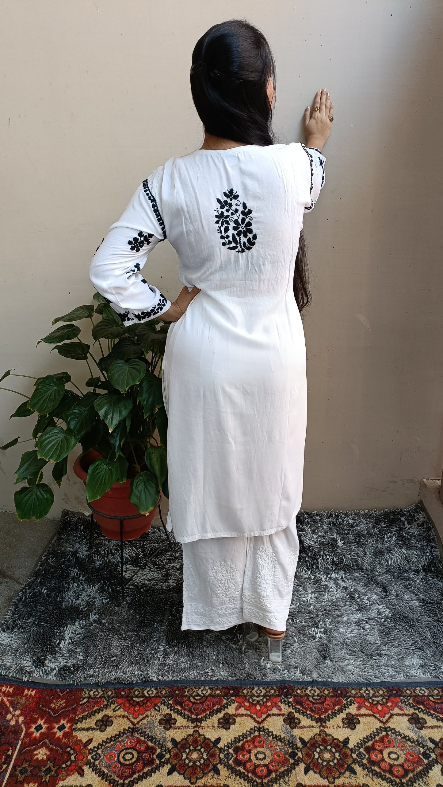 Label Aja Hand Embroidered Rayon cotton Lucknowi Chikankari Long Kurta - Label Aja Chikankari