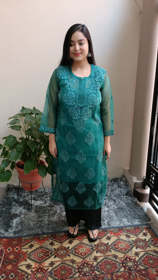 Premium organza hand embroidered chikankari kurti with matching liner