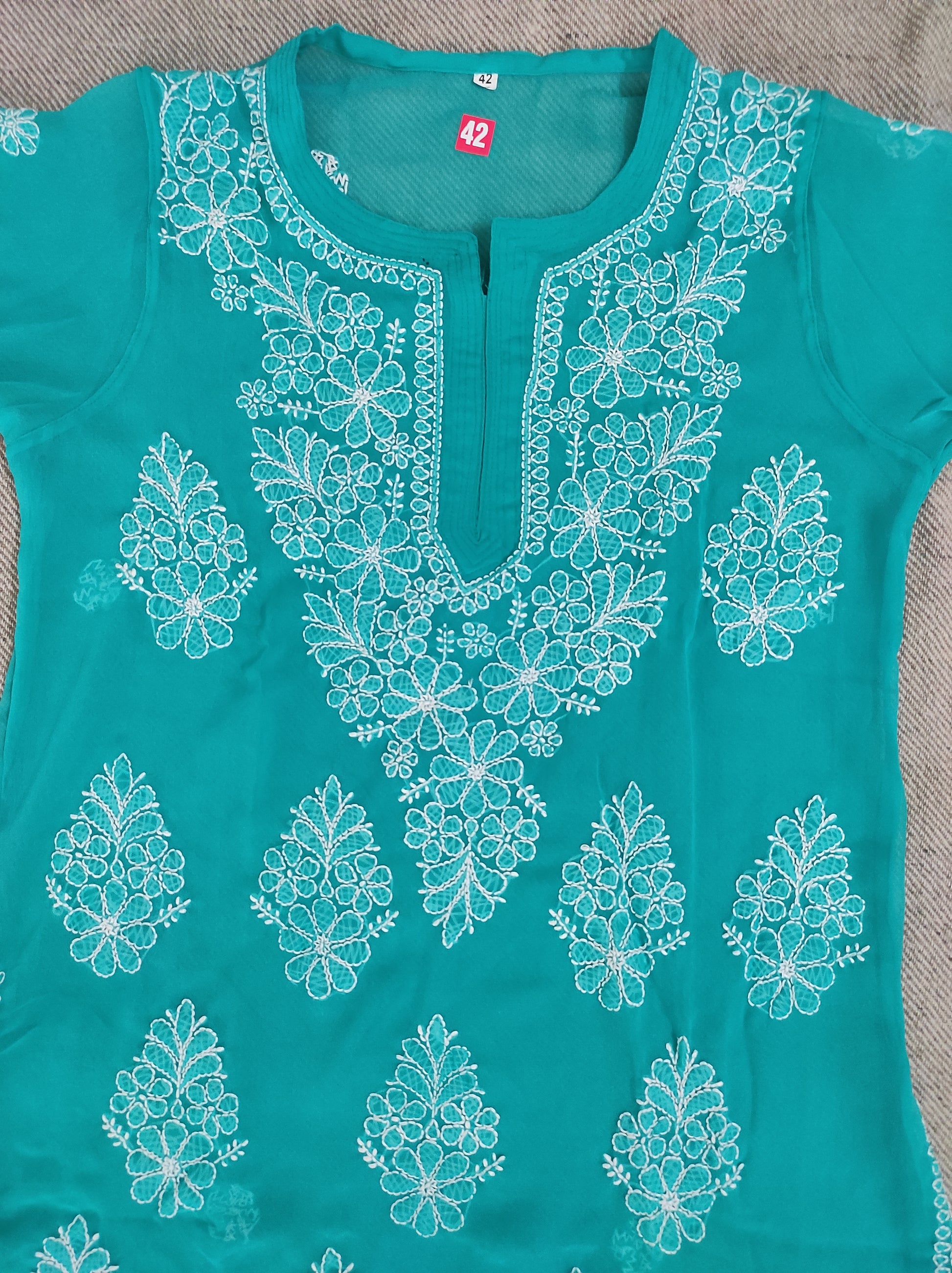 Label Aja Hand Embroidered Georgette long Lucknowi chikankari kurta - Label Aja Chikankari