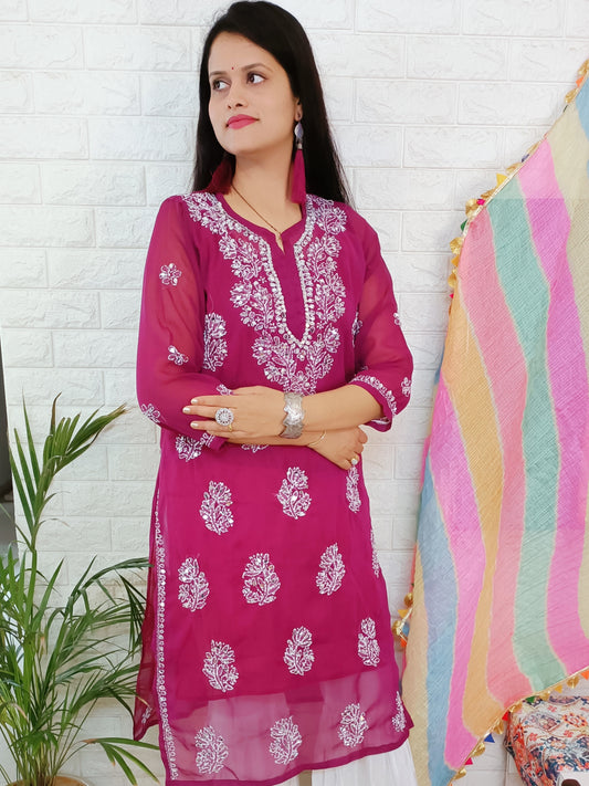 Label Aja Hand Embroidered Georgette long kurta with mirror - Label Aja Chikankari