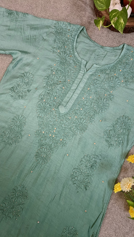 Label Aja Hand Embroidered Chanderi silk Lucknowi Chikankari Long Kurta with Mukaish work - Label Aja Chikankari