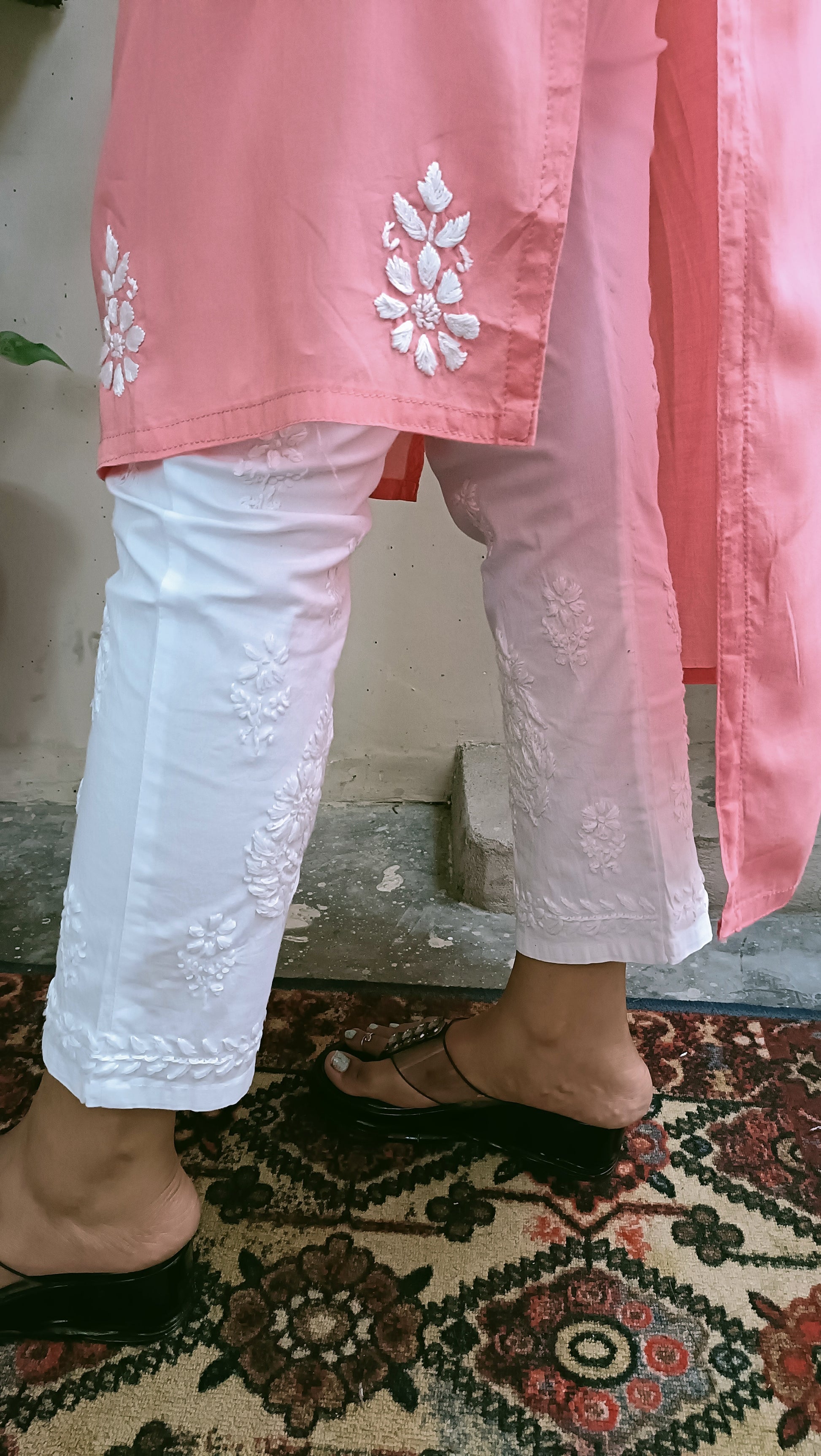 Label Aja Hand Embroidered Cotton Lucknowi chikankari pant with laces - Label Aja Chikankari