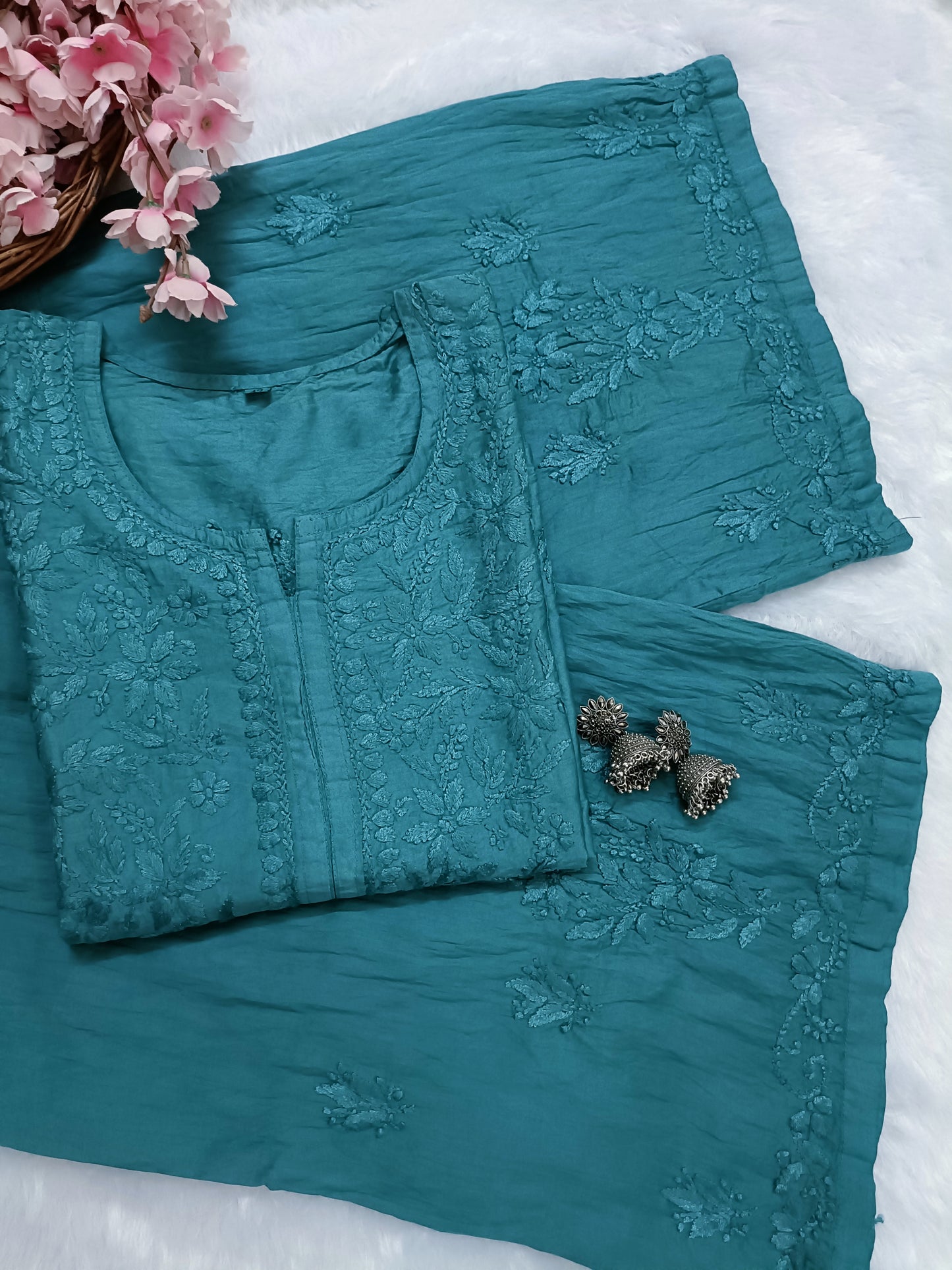 Chanderi silk Chikankari Kurti & Palazzo Set