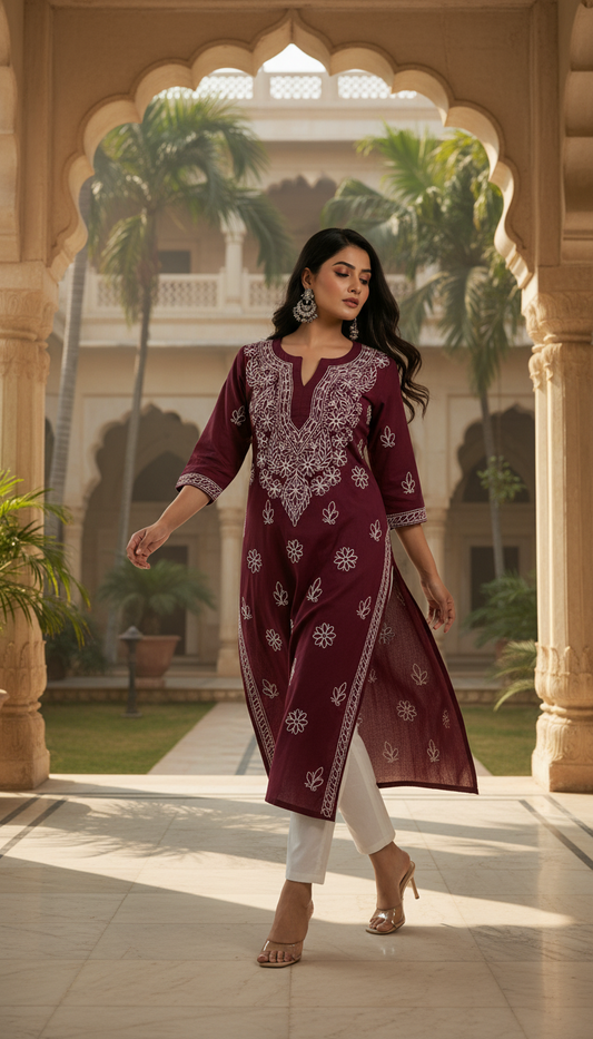 Cotton chikankari kurti with matching slip