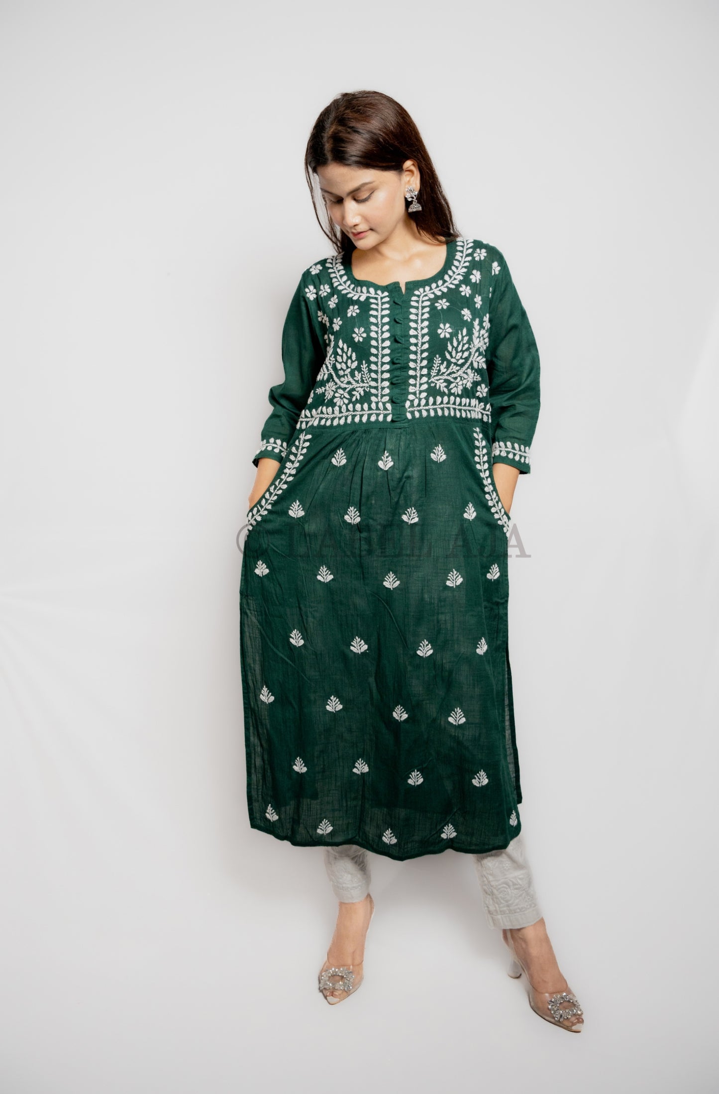 Misa Cotton chikankari long kurti with pockets