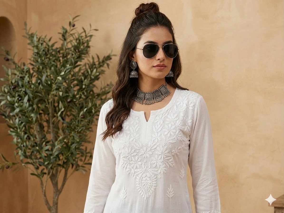 Mira white short rayon chikankari kurti