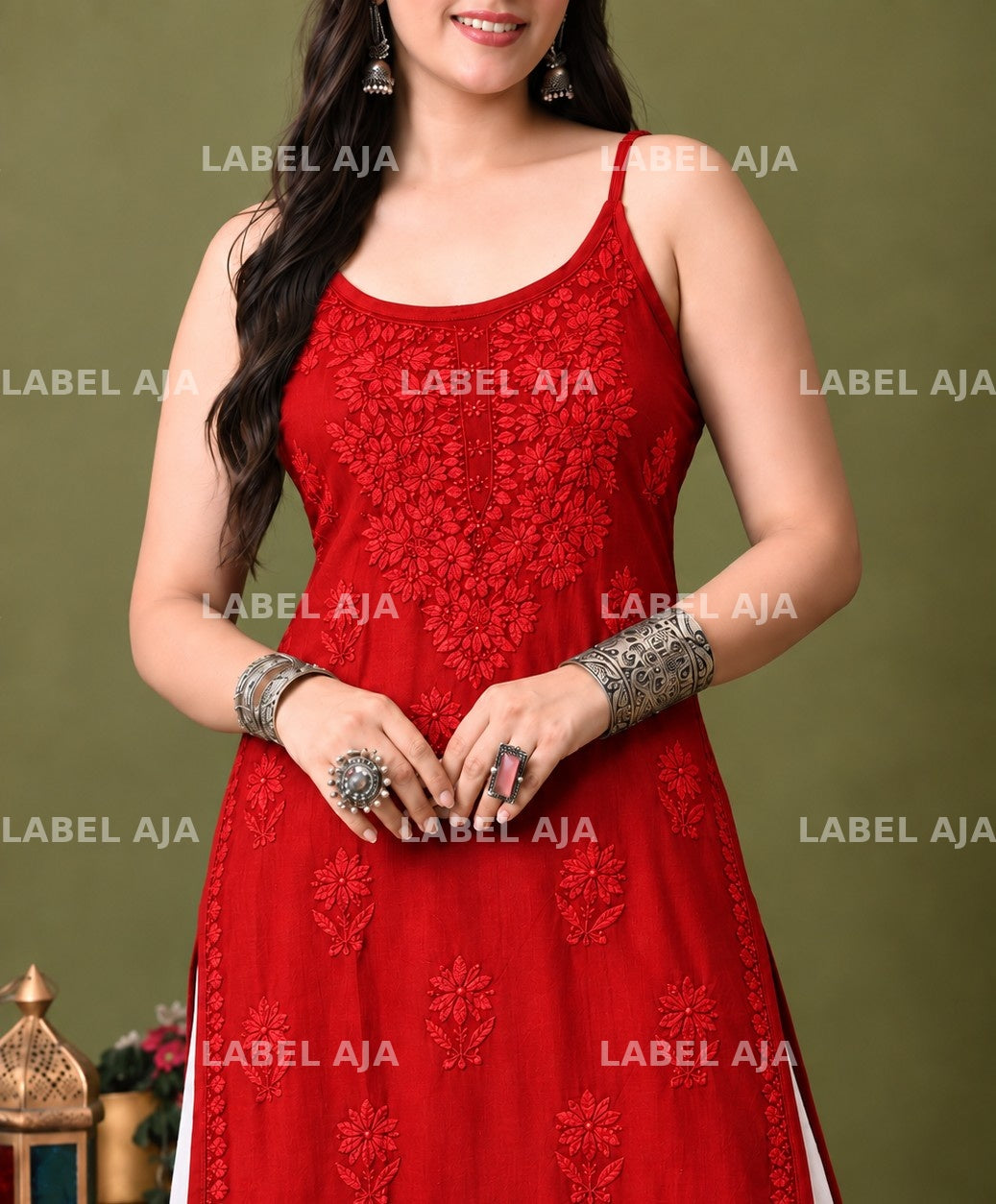 Rayon chikankari noodle strap long kurti