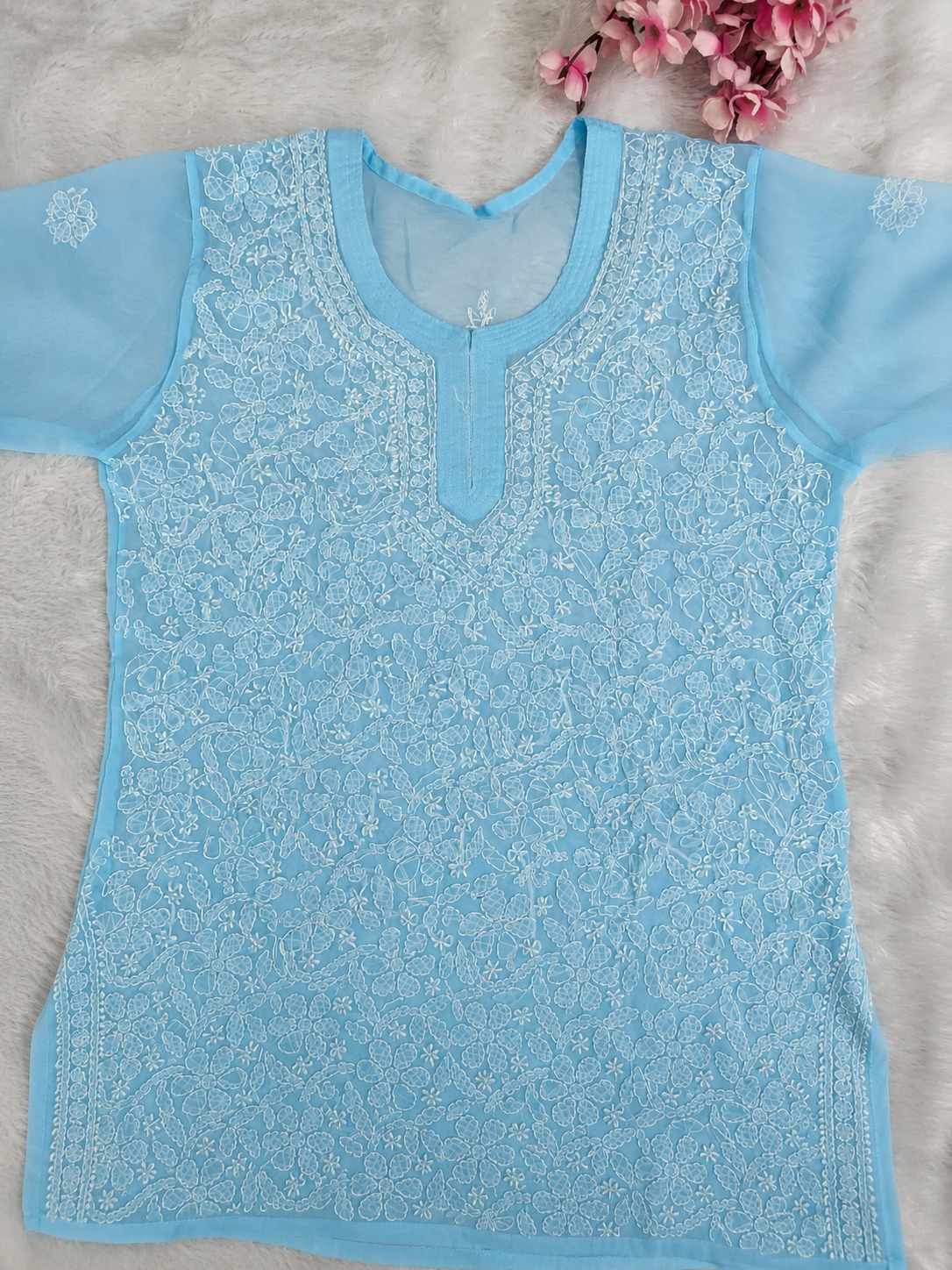 Riva Georgette short chikankari top with matching liner