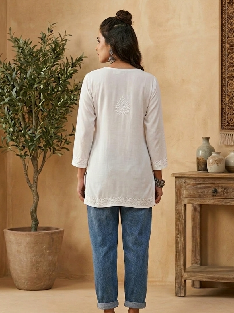 Mira white short rayon chikankari kurti