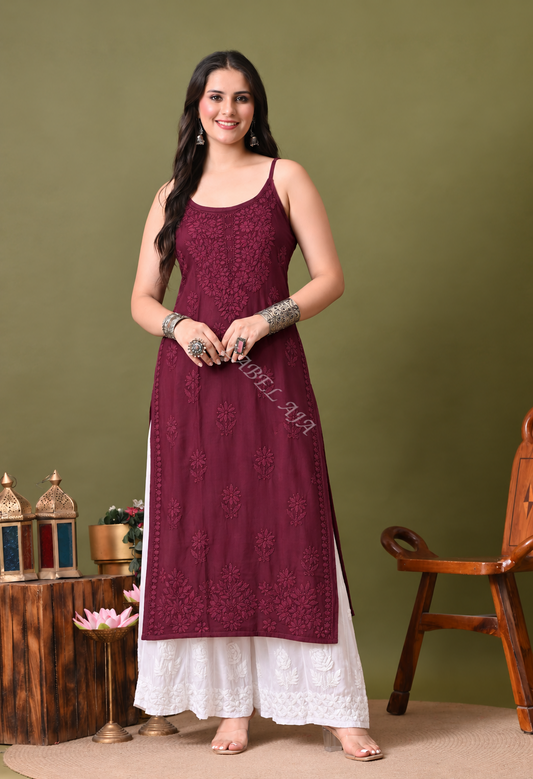 Huma Rayon chikankari noodle strap long kurti