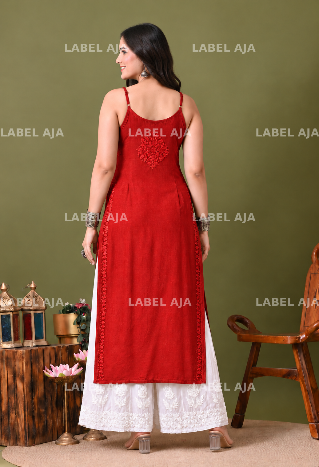 Rayon chikankari noodle strap long kurti