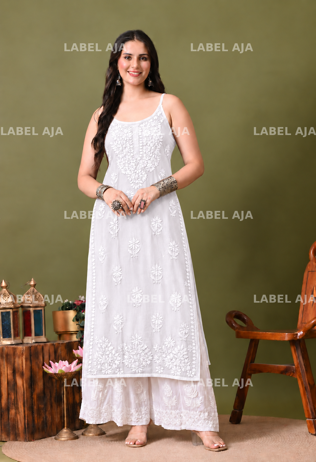 Rayon chikankari noodle strap long kurti