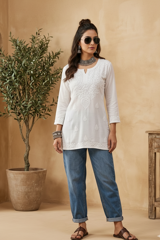Mira white short rayon chikankari kurti