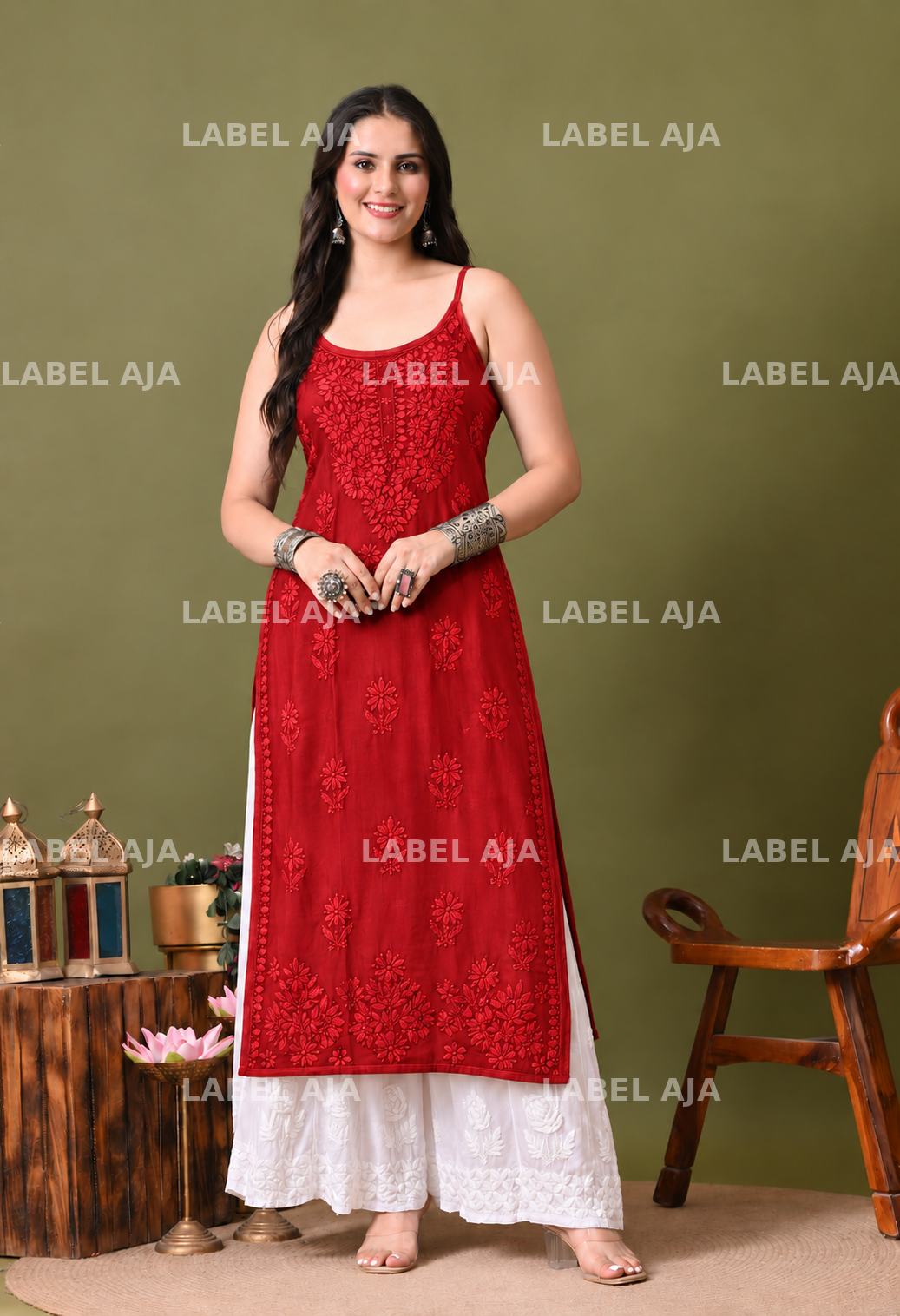 Rayon chikankari noodle strap long kurti