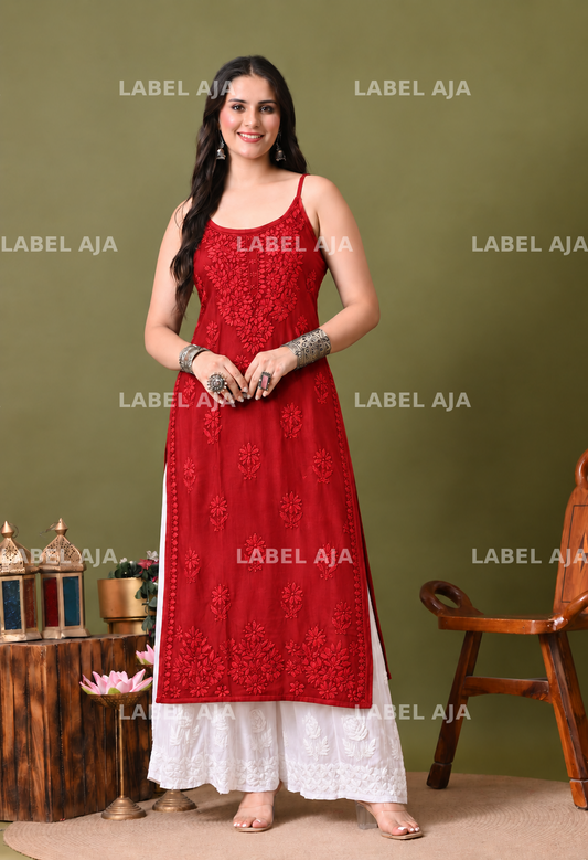 Rayon chikankari noodle strap long kurti