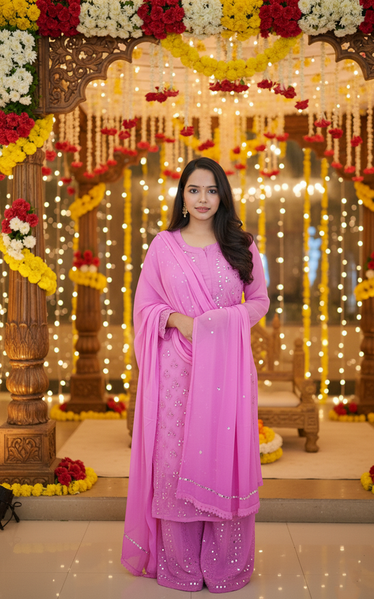 Georgette mirror, sharara and dupatta set with mirror work