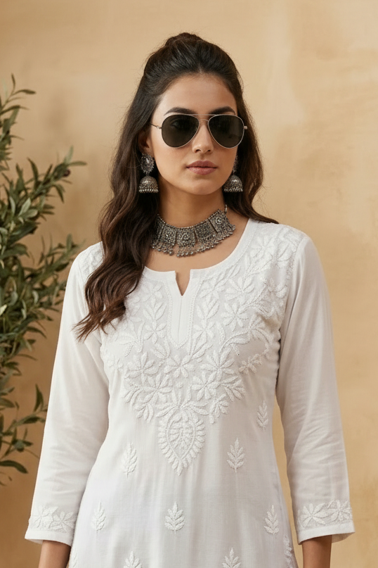 Mira white short rayon chikankari kurti
