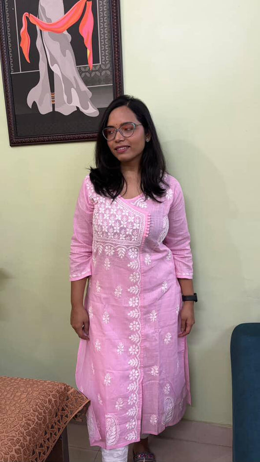 Adya khadi Cotton chikankari long kurti