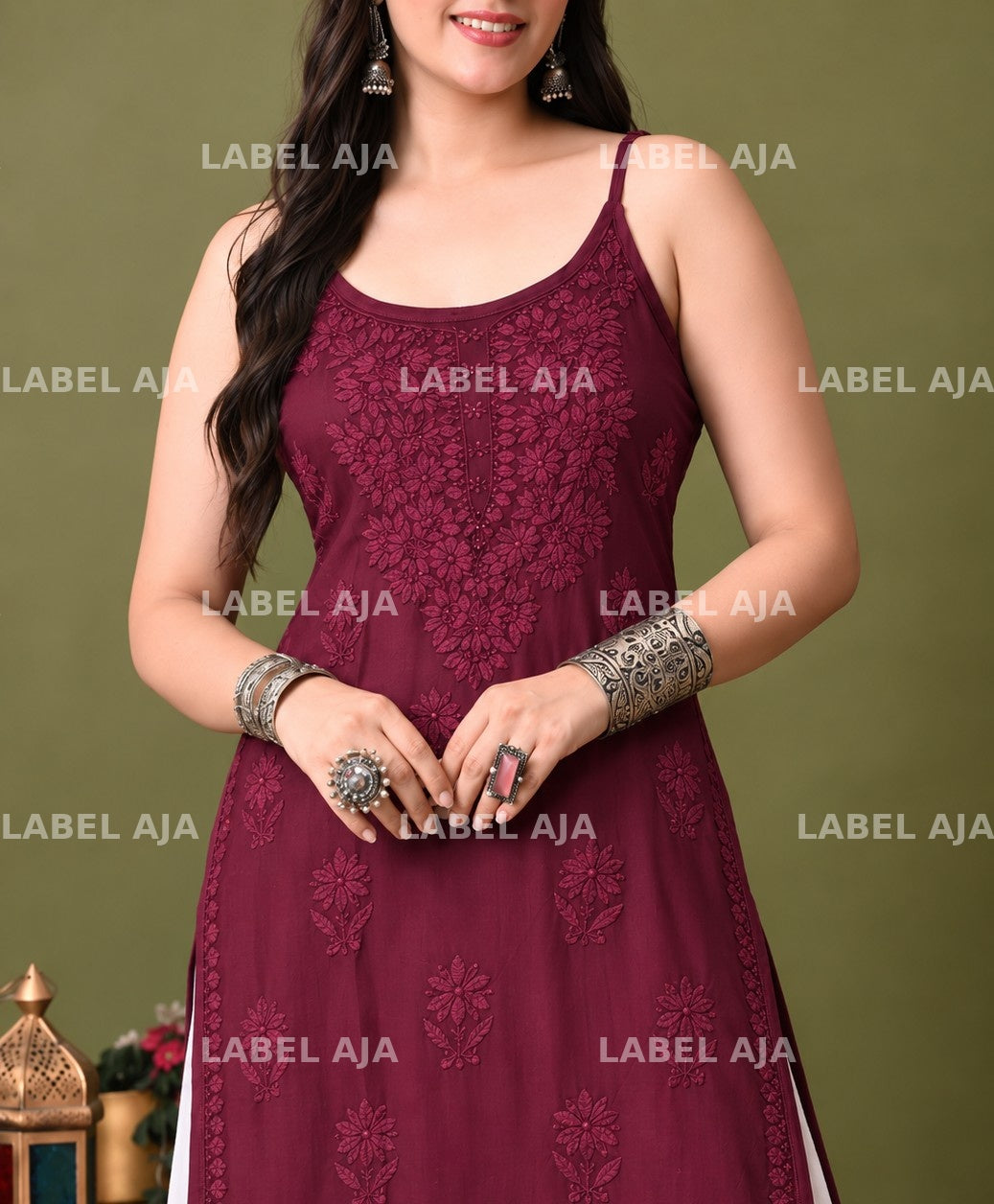 Rayon chikankari noodle strap long kurti