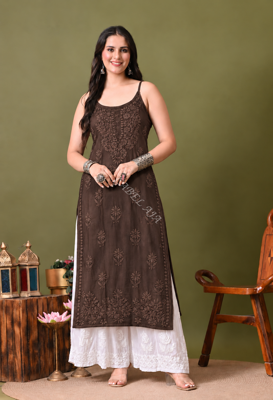 Huma Rayon chikankari noodle strap long kurti