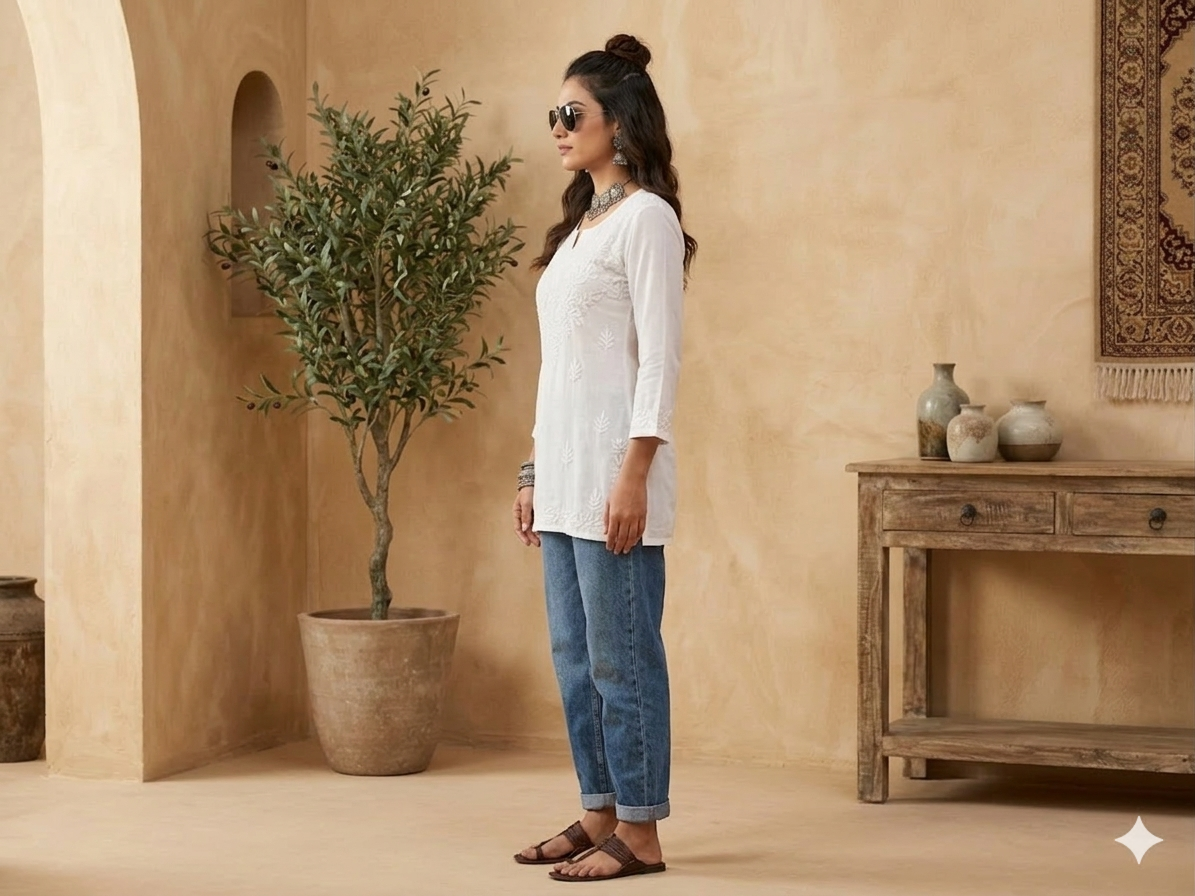 Mira white short rayon chikankari kurti