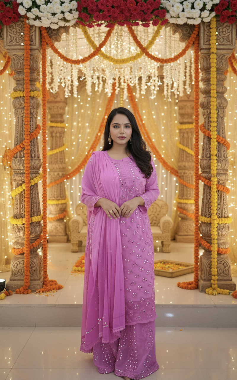 Georgette mirror, sharara and dupatta set with mirror work